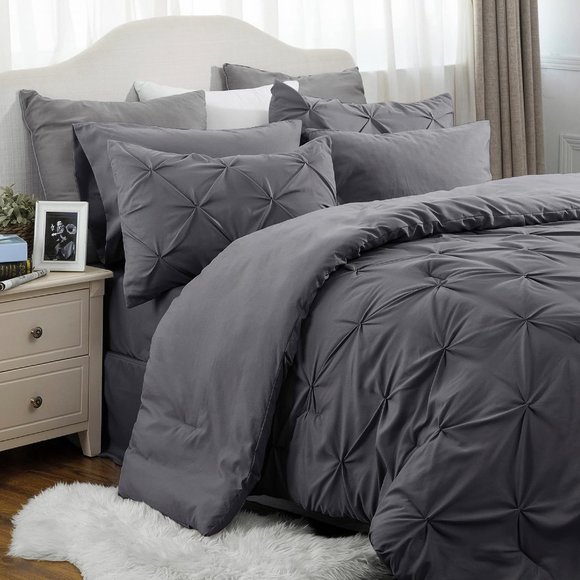New Grey 7 Piece Pinch Pleated QUEEN Comforter Bedding Set - Picture 3 of 7